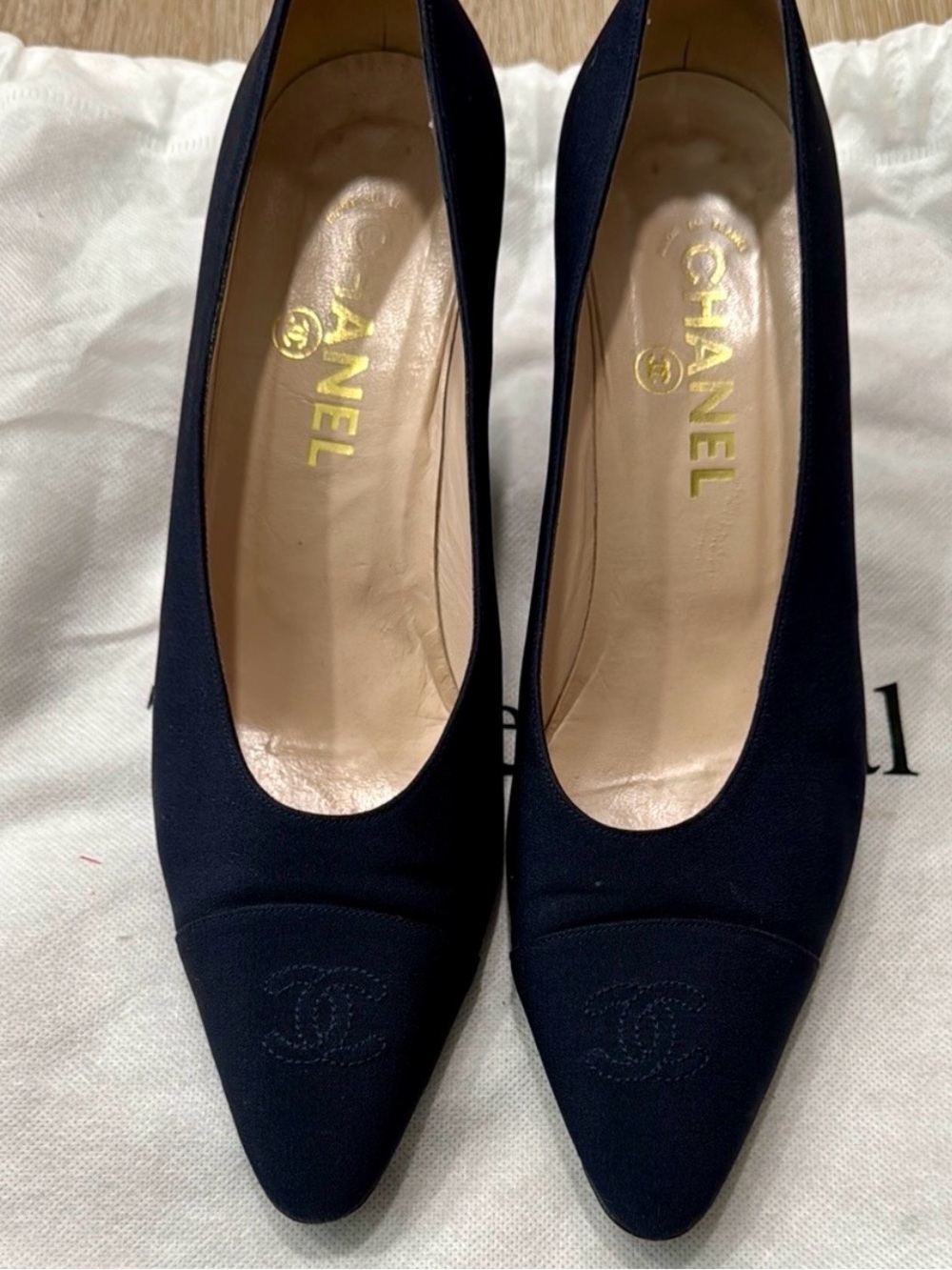 CHANEL Navy Pointed-Toe Fabric Pumps with CC Cap Toe